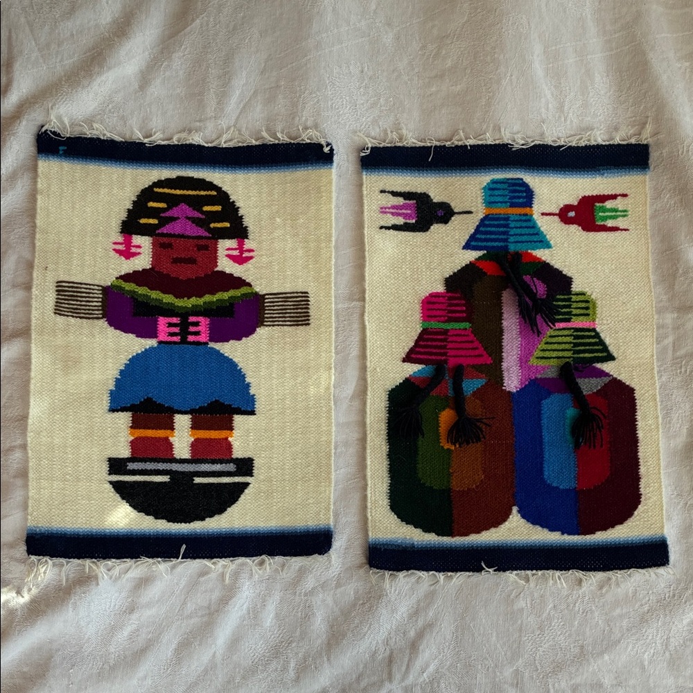 Peruvian Tapestries Set 2 Handwoven Wool Wall Hangings Mats Folk Art Colorful